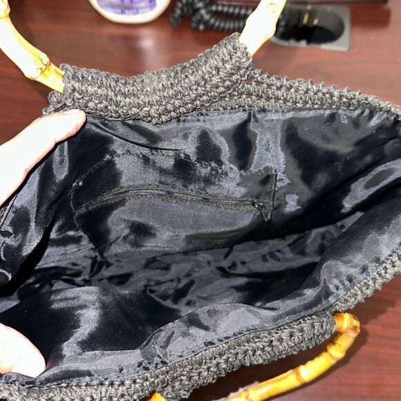 Stunning Black High Quality Macrame Floral Bamboo Handles Bag Purse - Picture 6 of 9